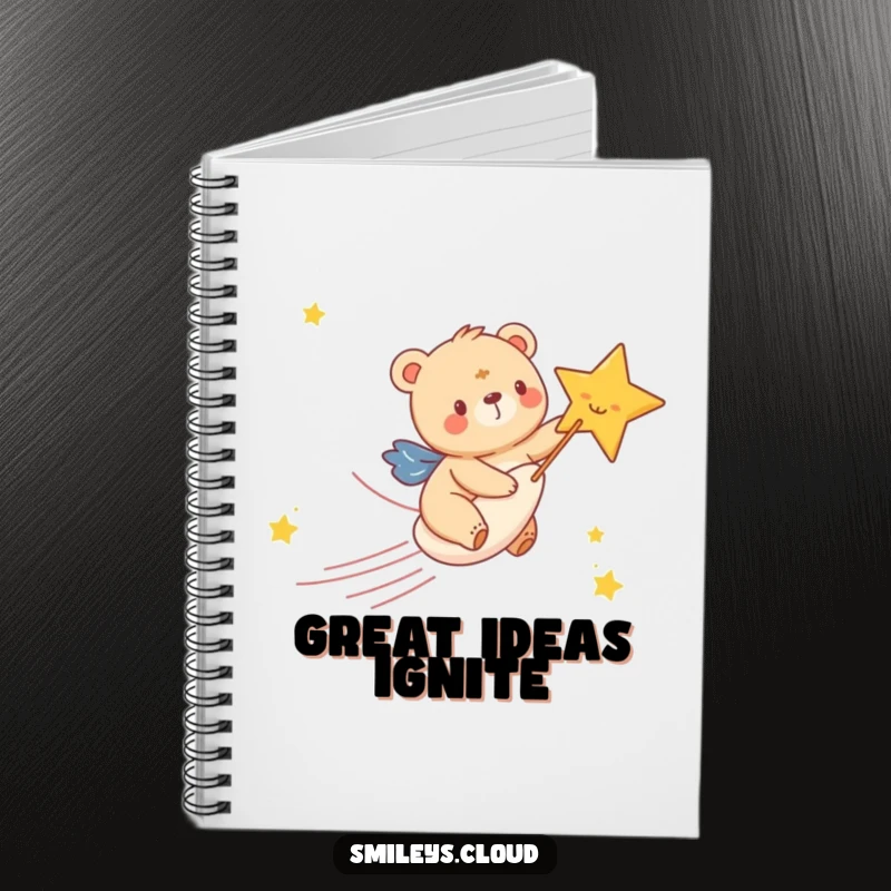 Funny notebook with a happy bear cub joyfully riding a shooting star, providing an inspiring cover for all your creative endeavors.