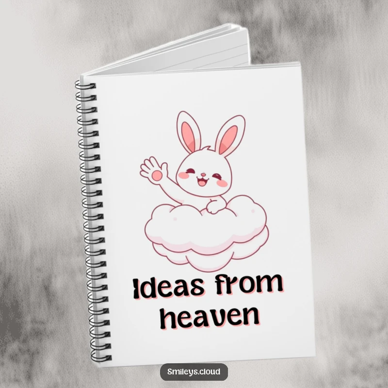 Funny notebook with a cheerful bunny character floating on a cloud, waving hello, providing a delightful cover for your notes and ideas.