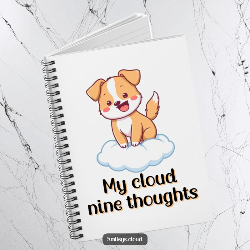 Funny cheerful dog wagging its tail on a cloud, shown on a notebook cover for humorous note-taking.