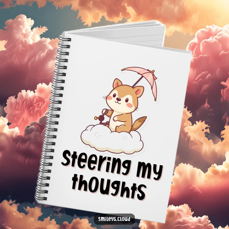 Funny notebook with a determined animal steering a cloud with a tiny umbrella, perfect for plotting adventures with a touch of humor.