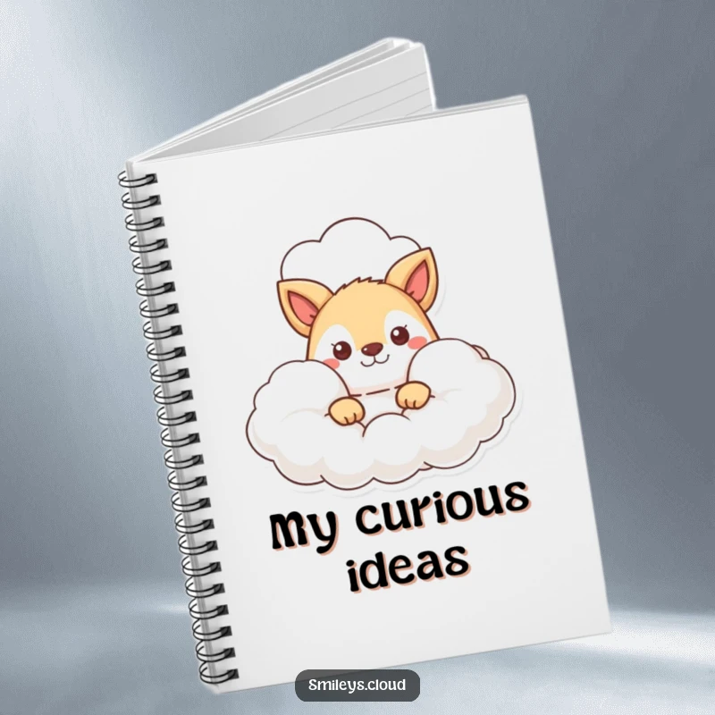 Funny notebook cover featuring an animal character curiously peeking out from behind a fluffy cloud, ideal for jotting notes.