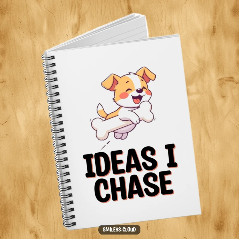 Funny notebook with a cover showing a giggling dog chasing a cloud shaped like a bone, inspiring fun ideas and creativity.