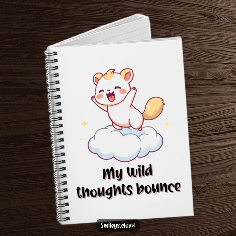 Funny notebook with an energetic animal bouncing on a cloud, designed for capturing big ideas and playful doodles.