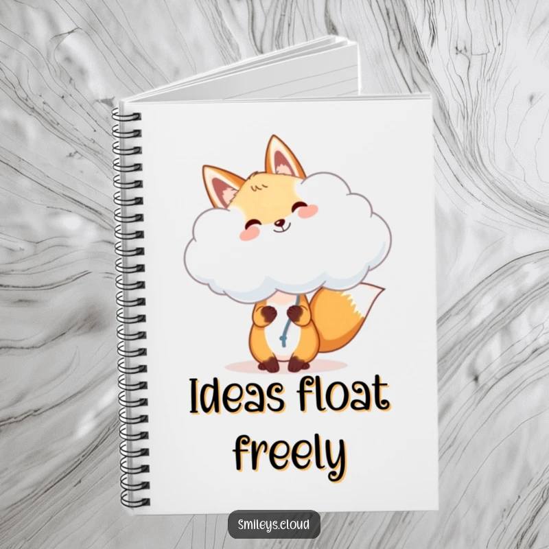 Funny fox notebook, a cheerful fox holding a fluffy cloud like a balloon, designed for jotting down ideas with whimsical joy.
