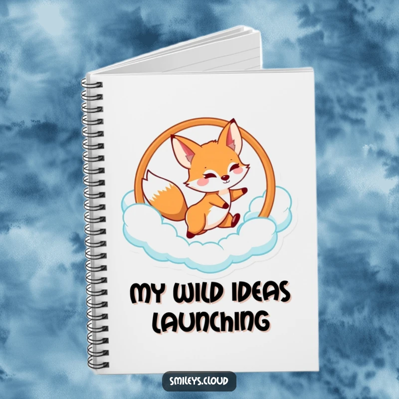 Funny fox notebook with a playful fox jumping through a cloud hoop, ideal for jotting down ideas.