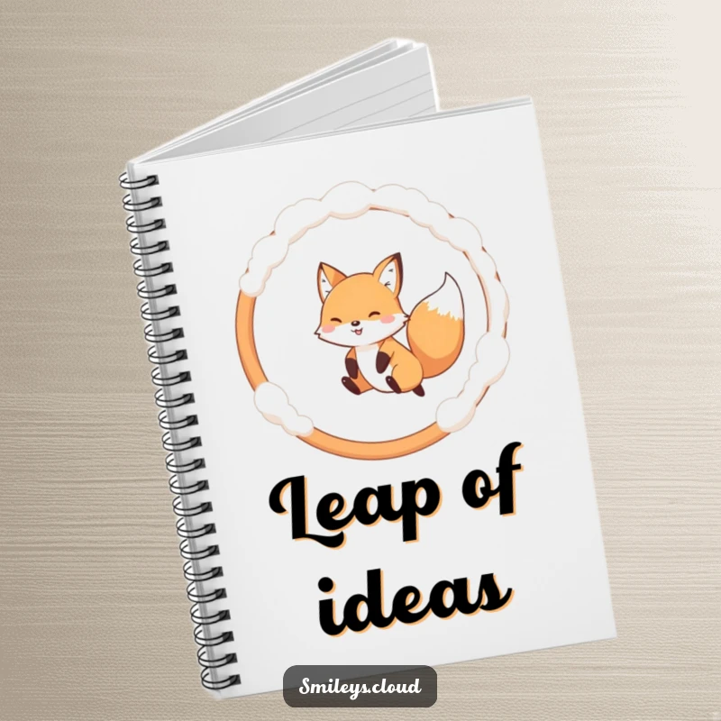 Funny notebook with a playful fox jumping through a cloud hoop, ideal for jotting down ideas and inspirations.