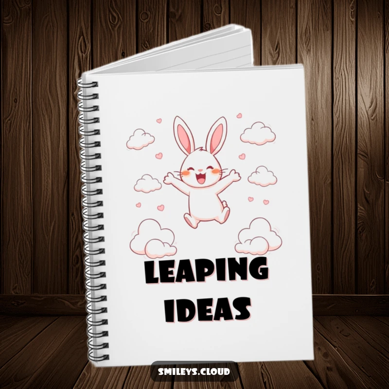 Funny notebook cover depicts a happy rabbit energetically leaping between scattered clouds, with a joyful expression.