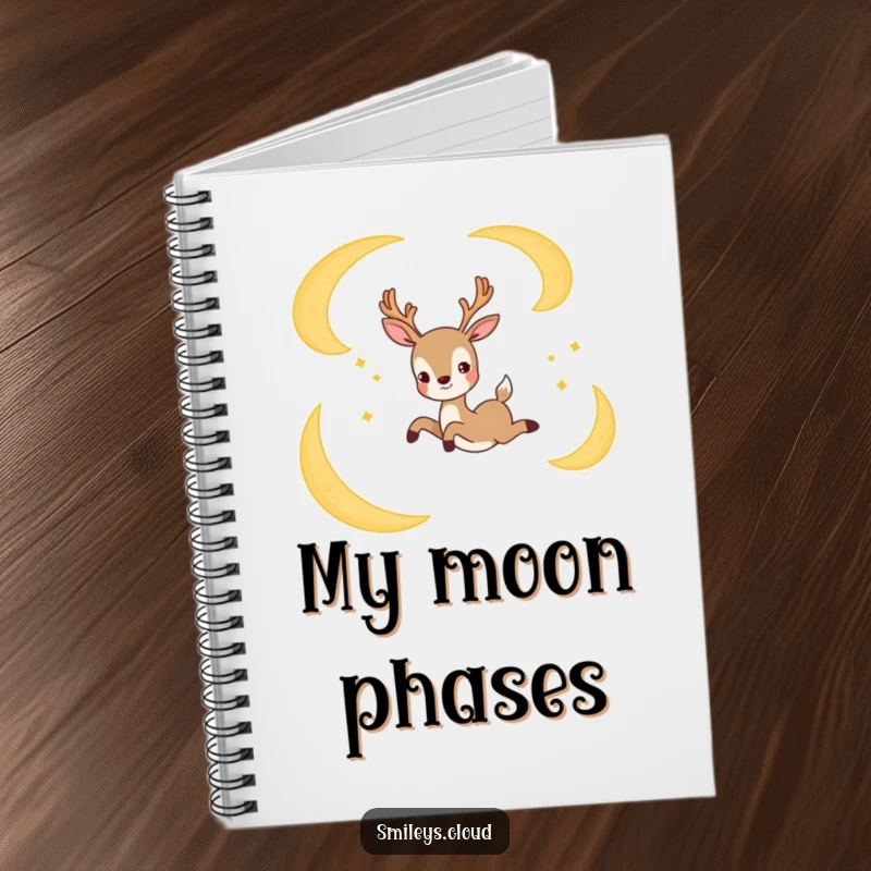Funny notebook with a joyful deer gracefully leaping between crescent moons, perfect for recording magical thoughts and creative ideas.
