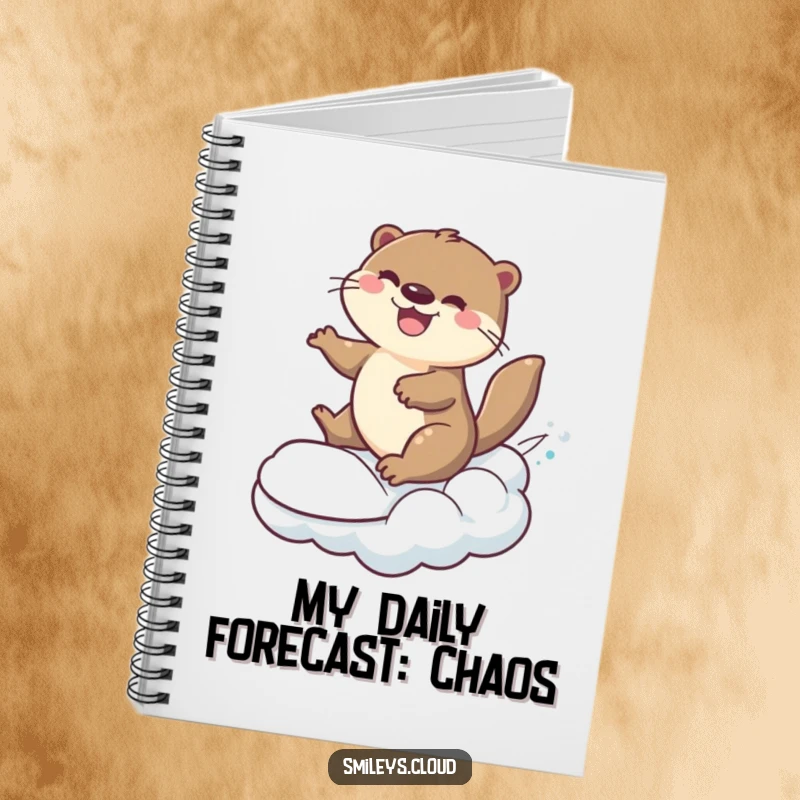 Funny cheerful otter surfing on a rolling cloud, on a lined notebook cover.