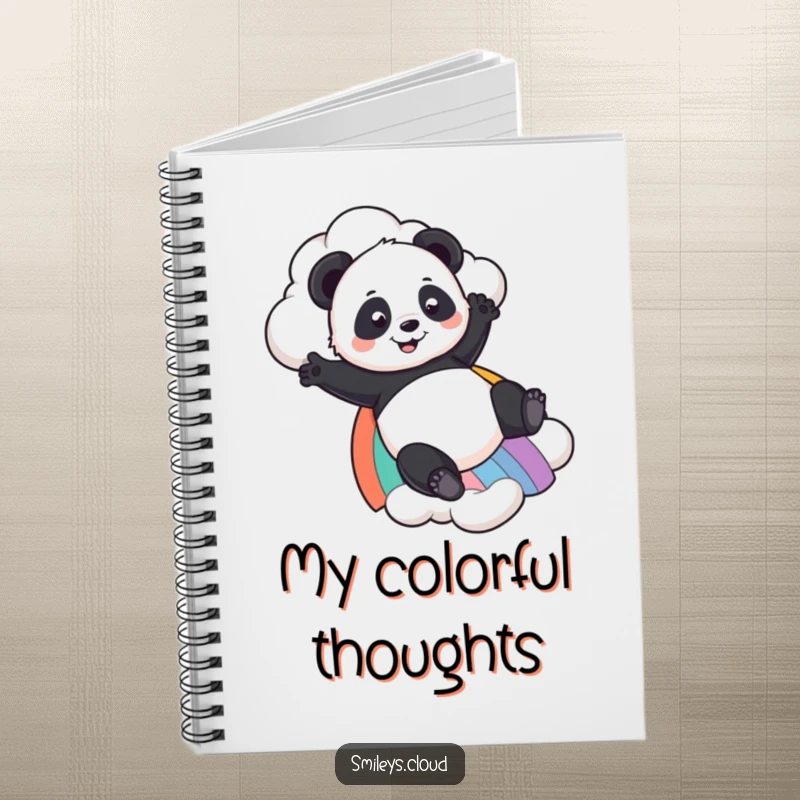 Funny Panda notebook featuring a playful panda sliding down a rainbow from a cloud, perfect for jotting down notes with a smile.