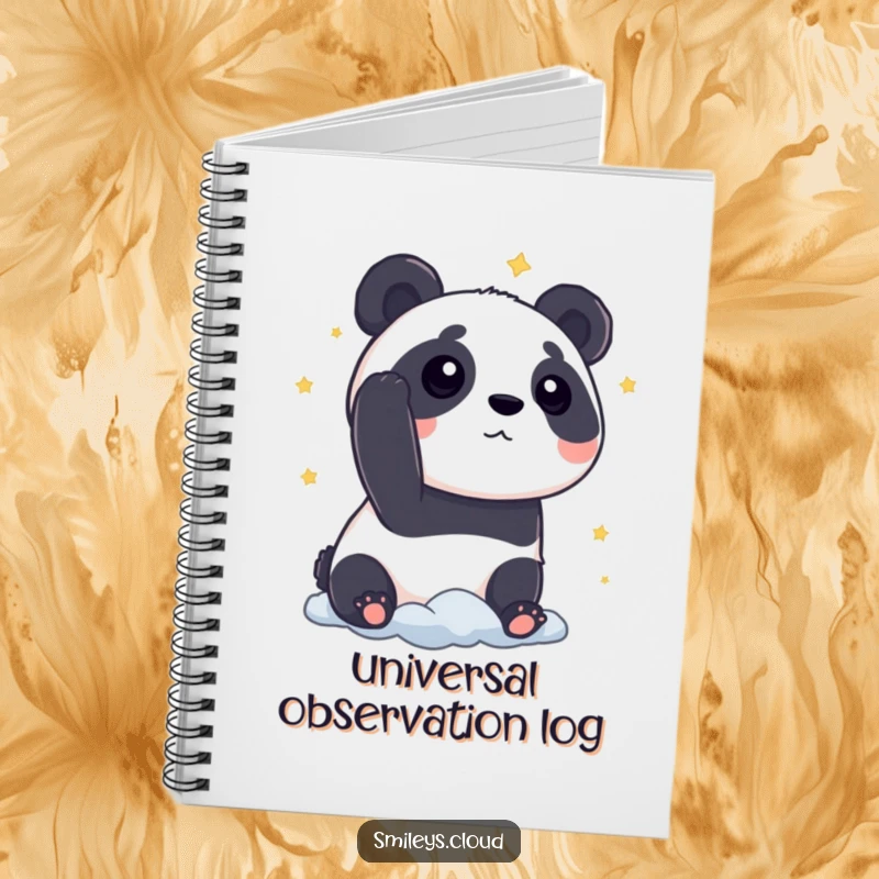 Funny panda notebook with a curious panda gazing at stars from a cloud, perfect for notes and humorous ideas.