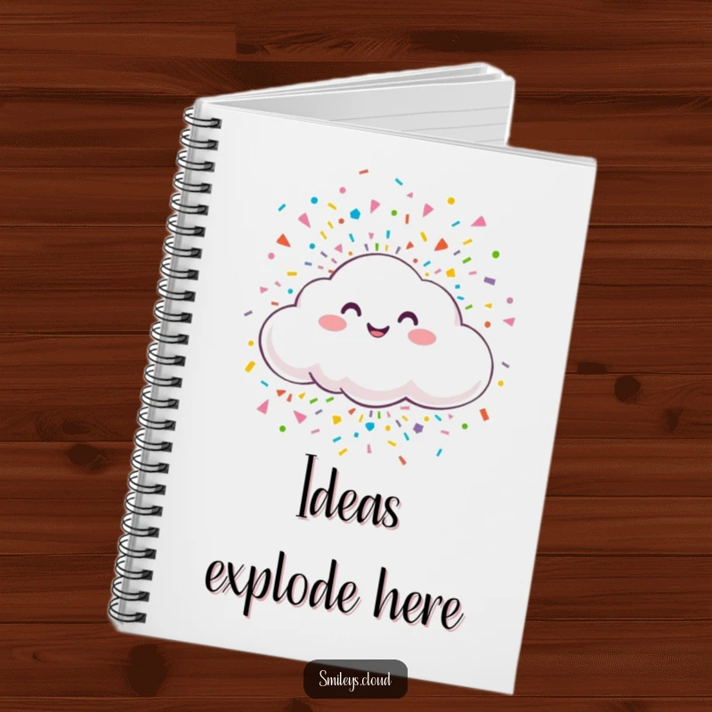 Funny notebook with a smiling cloud releasing colorful confetti, ideal for recording thoughts and ideas with a joyful and humorous theme.