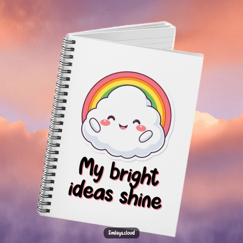 Funny notebook cover featuring a proud cloud character holding a rainbow, beaming with joy, ideal for jotting happy notes.