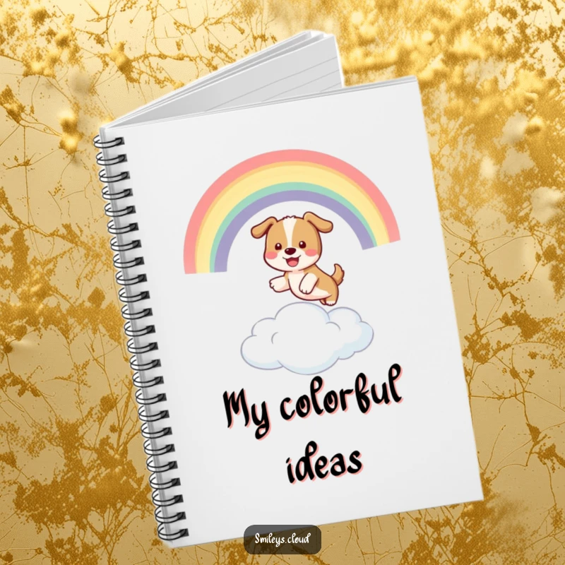 Funny notebook featuring a playful dog leaping through a rainbow over a cloud, perfect for jotting down funny plans.