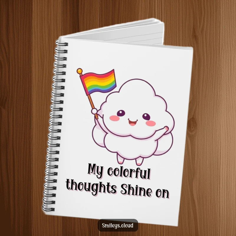 Funny cloud critter notebook with a smiling cloud waving a rainbow flag, ideal for writing and planning.