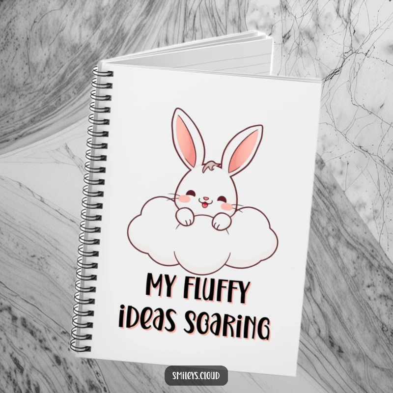 Funny rabbit notebook with a sweet bunny peeking from a cloud, ideal for jotting down thoughts and ideas.