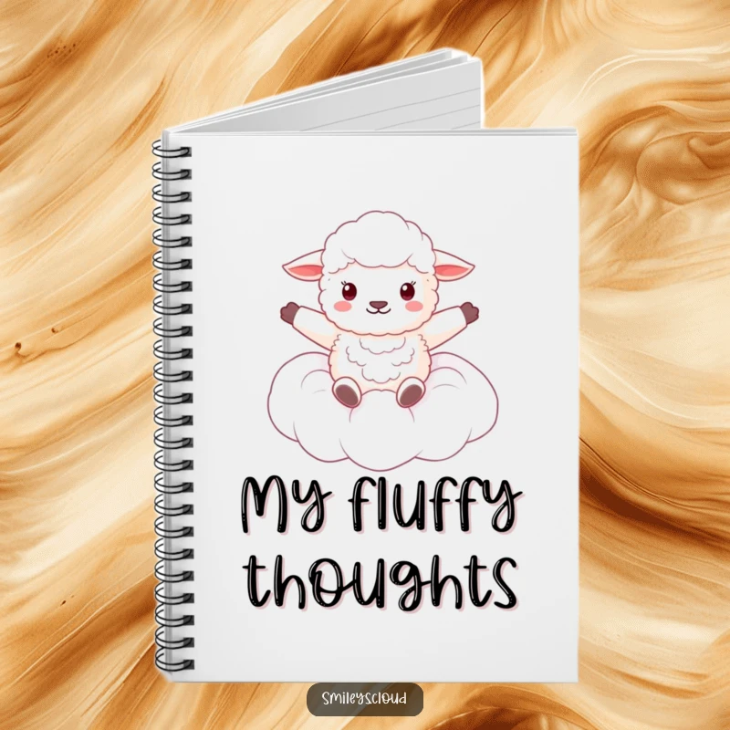 Funny notebook cover depicts a fluffy sheep joyfully floating on a cloud, arms spread wide in a state of happiness.