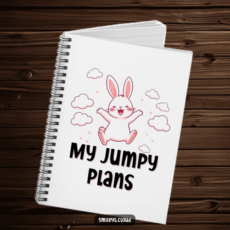 Funny notebook with a happy rabbit leaping between scattered clouds, perfect for jotting down joyful thoughts and exciting plans.