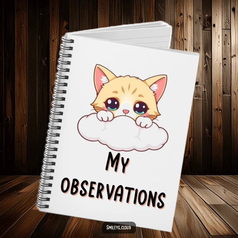 Funny notebook cover depicts a curious cat peeking over a cloud, eyes wide with fascination and a sense of wonder.