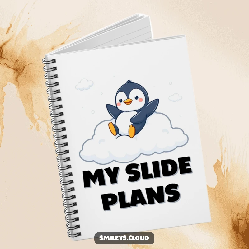Funny notebook with a peppy penguin sliding down a fluffy cloud slide, perfect for recording energetic ideas and plans.