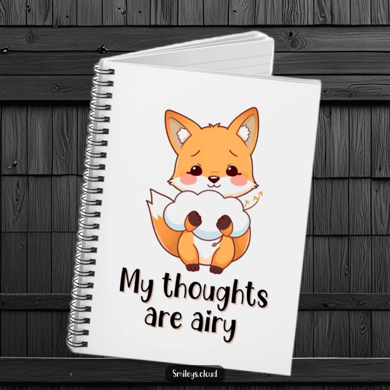 Funny notebook cover with a smiling fox holding a fluffy cloud like a balloon, designed to inspire joy and creativity.