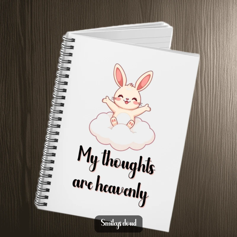 Funny cute bunny floating on a fluffy cloud, arms outstretched, on a lined notebook cover.