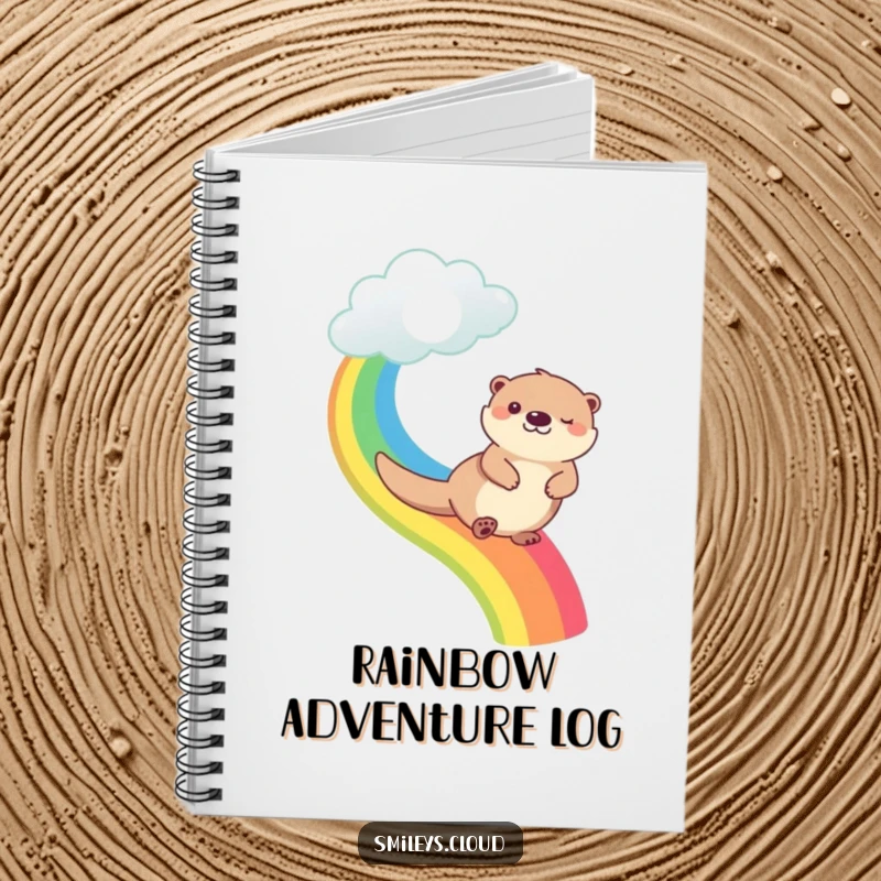 Funny happy otter sliding down a rainbow from a cloud, shown on a notebook cover for cheerful writing.