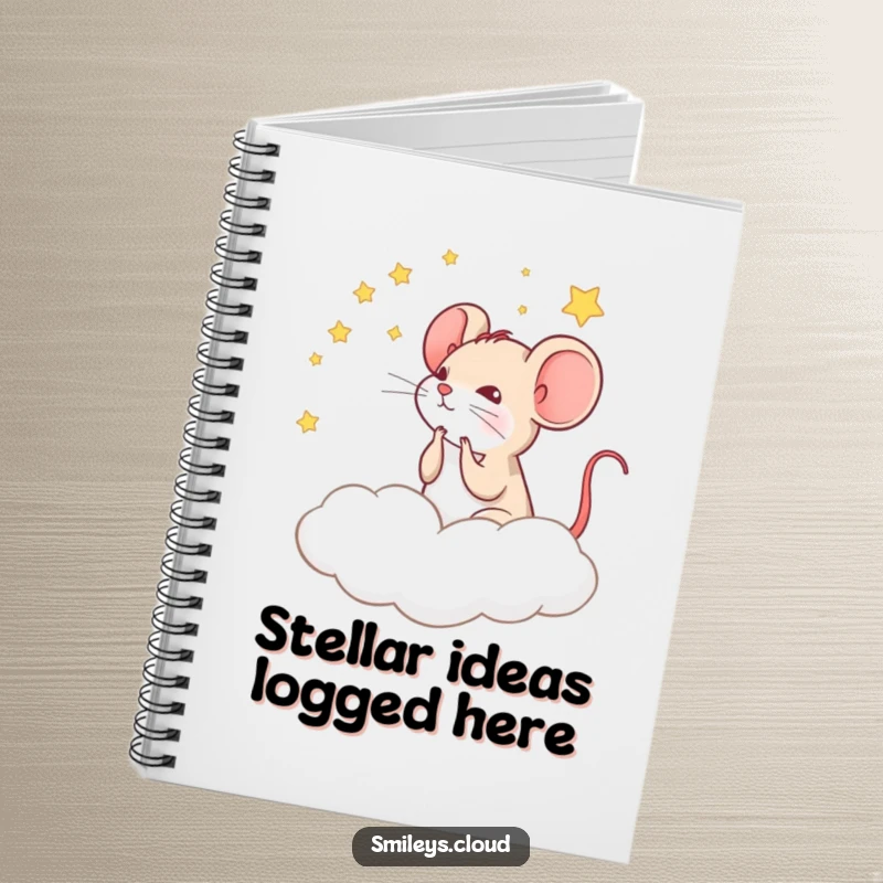 Funny notebook with a contemplative mouse stargazing from a cloud, perfect for writing down thoughts and dreams.