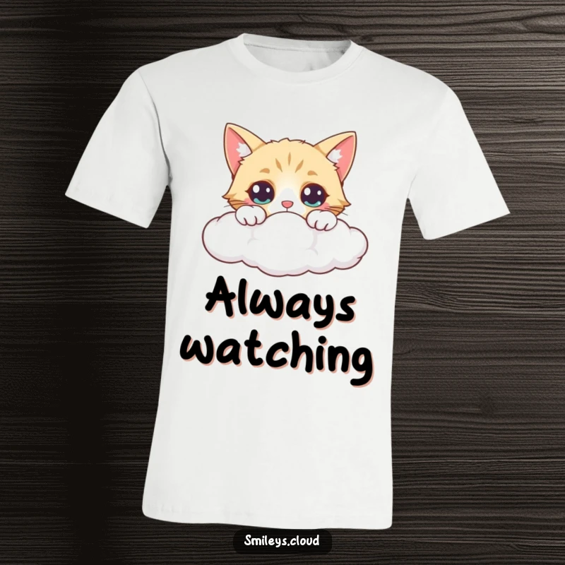 Funny t-shirt depicting a curious cat peering over the edge of a cloud, its eyes wide with fascination.