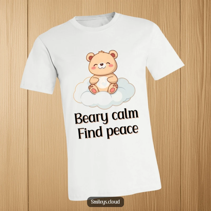 Funny meditating bear t-shirt featuring a content bear sitting peacefully on a cloud, radiating zen.
