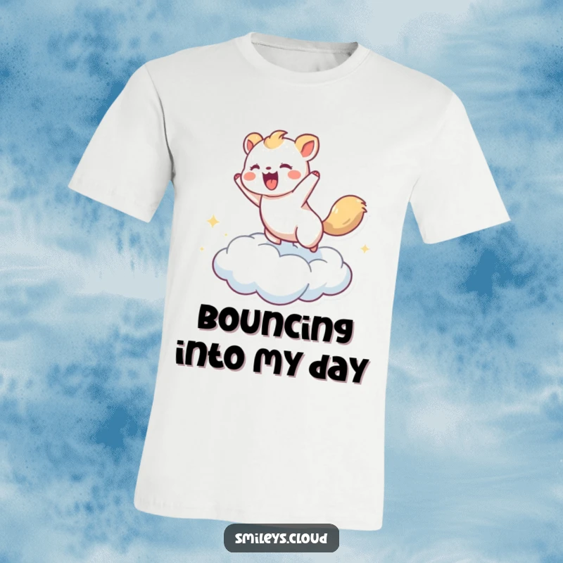Funny t-shirt of a lively animal enthusiastically bouncing on a cloud, symbolizing energy and carefree fun.