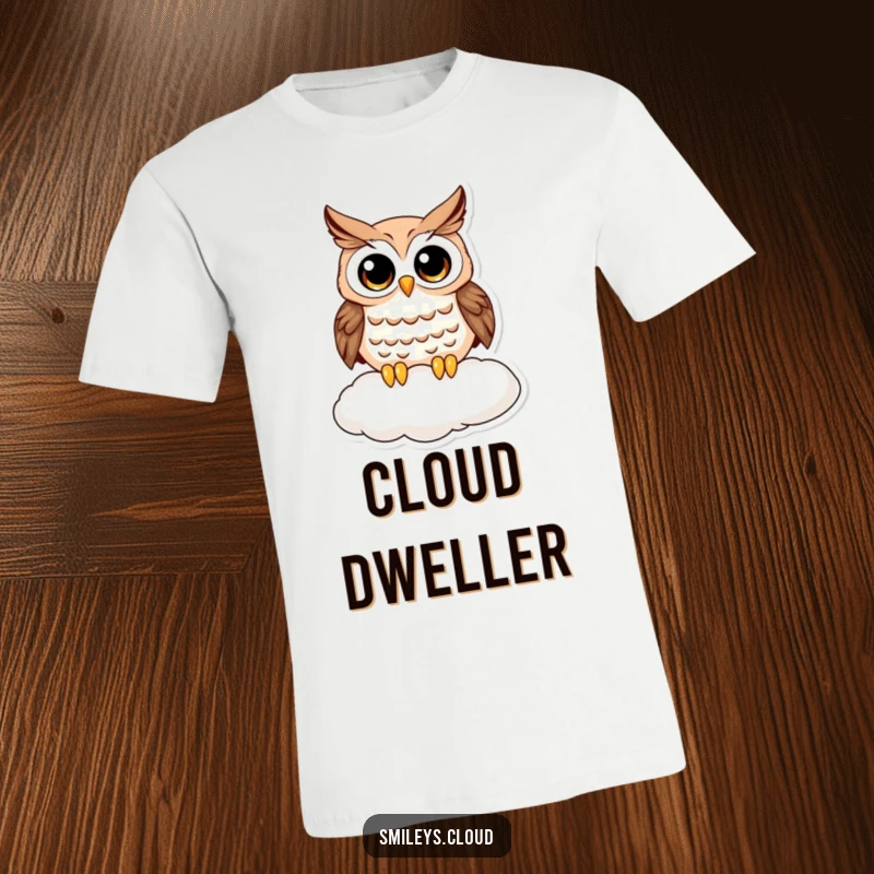 Funny owl t-shirt depicting a curious owl with large, expressive eyes, perched on a soft cloud, radiating a humorous and inquisitive vibe.