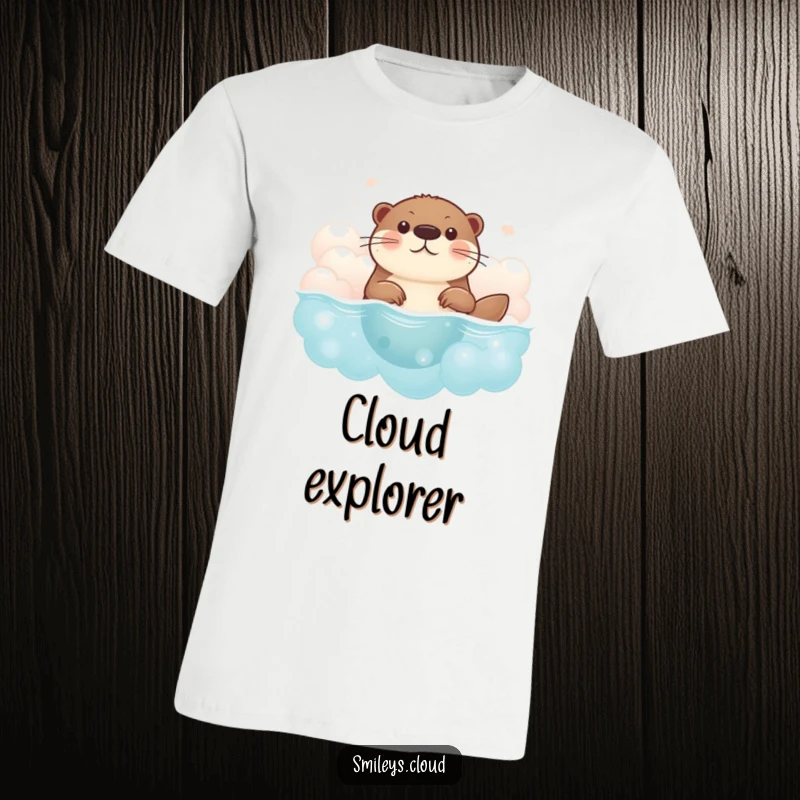Funny otter t-shirt showing a brave otter swimming with determination through fluffy clouds, a design full of humor and adventurous spirit.