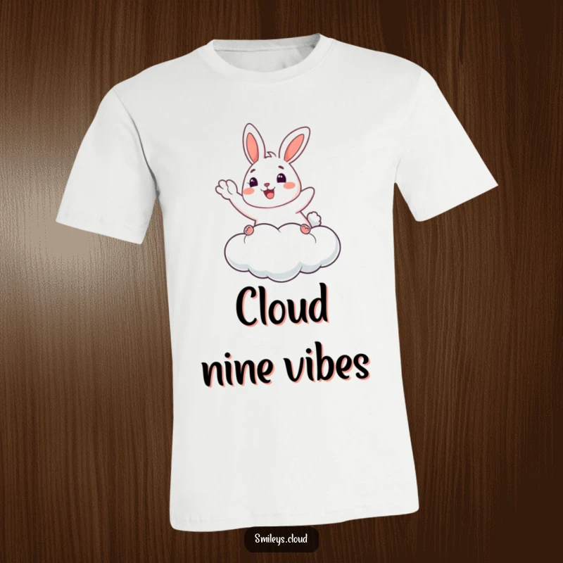 Funny Bunny T-Shirt: A happy bunny floats on a cloud, waving cheerfully, a whimsical and humorous design for everyone.