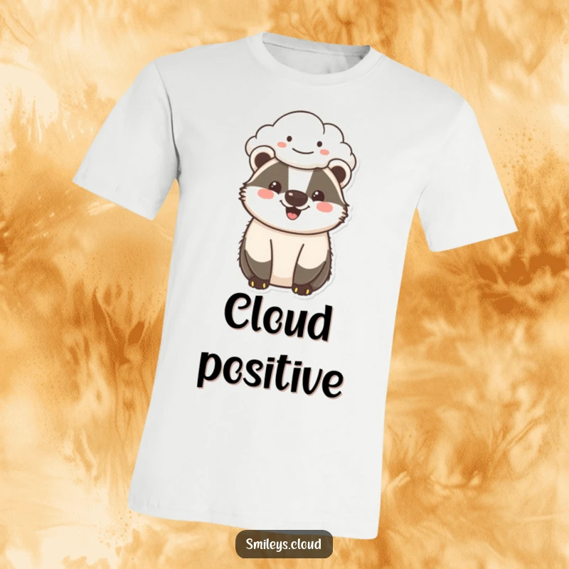 Funny cheerful badger t-shirt showing a happy badger under a smiling cloud, designed to spread joy and lighthearted humor.