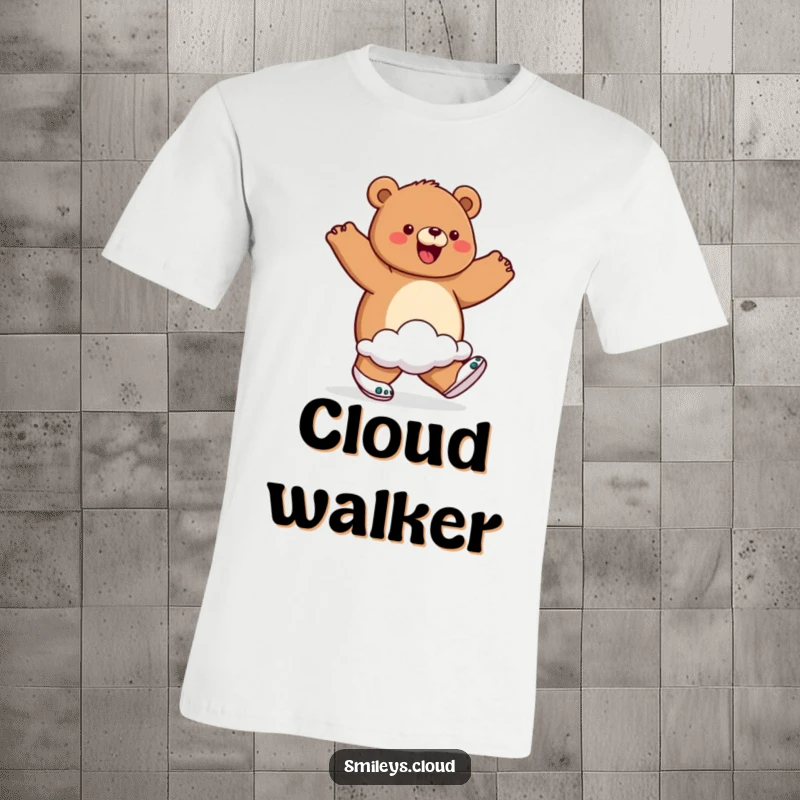 Funny t-shirt depicting a proud bear blissfully walking on air, wearing whimsical cloud shoes, embodying pure delight.