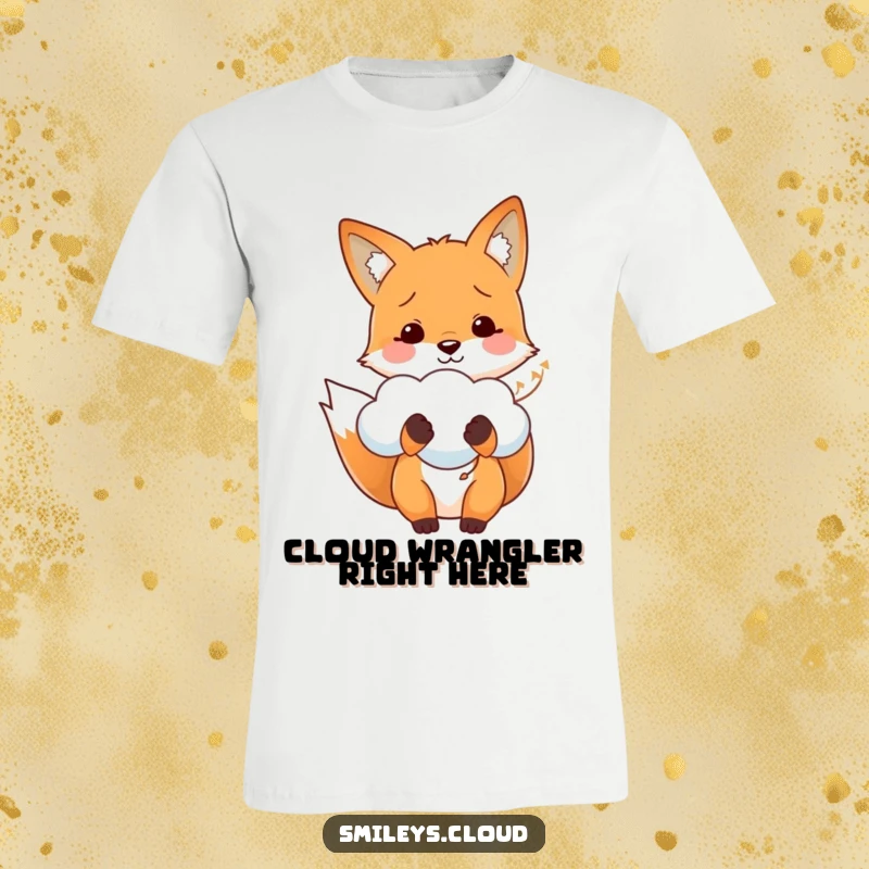Funny t-shirt with a happy fox holding a soft, puffy cloud like a floating balloon, radiating innocence and delight.