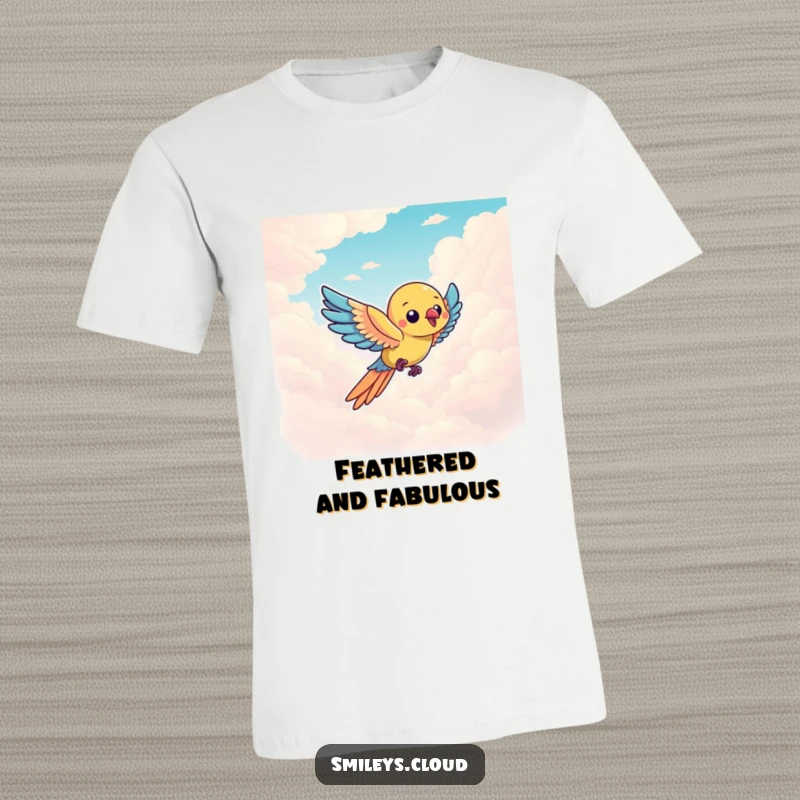 Funny parrot character flying joyfully through a sky filled with fluffy clouds, printed on a humorous t-shirt.