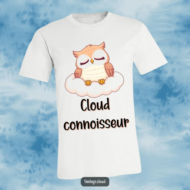 Funny t-shirt featuring a content owl napping soundly on a fluffy cloud, embodying peace and a love for rest.
