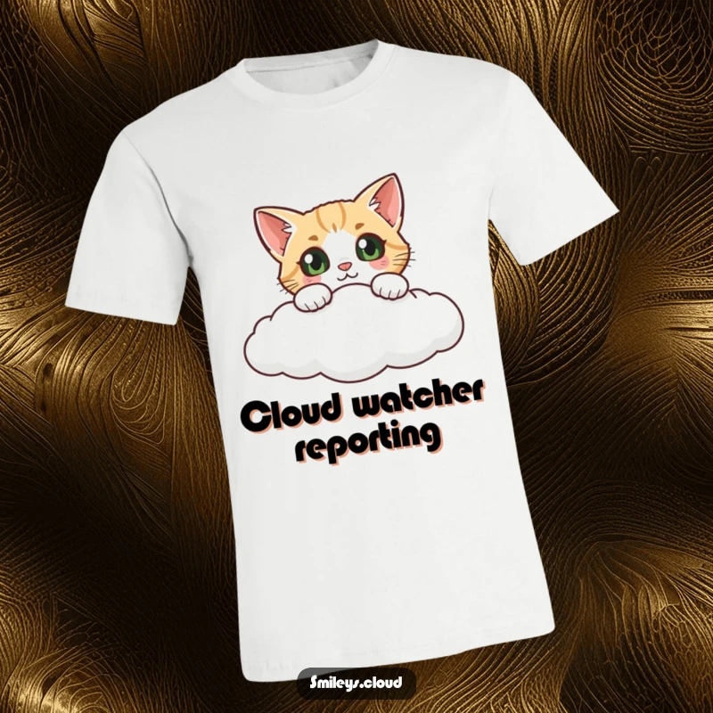 Funny cat t-shirt, a curious cat with wide eyes peeking over a soft cloud, embodying playful exploration and humor.