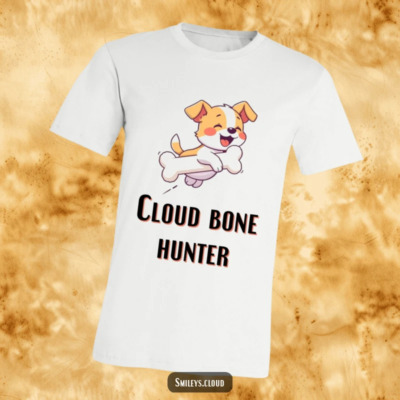 Funny t-shirt depicting a giggling dog in hot pursuit of a cloud shaped like a bone, symbolizing playful obsession.