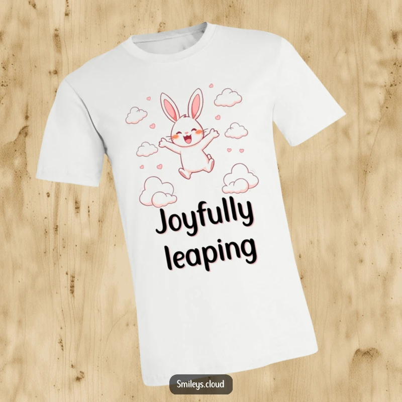 Funny t-shirt depicting a happy rabbit in mid-air, leaping energetically between clouds with pure joy on its face.