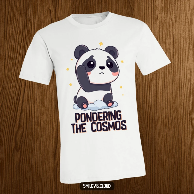 Funny panda t-shirt with a curious panda looking at stars from a cloud, a humorous and imaginative graphic.