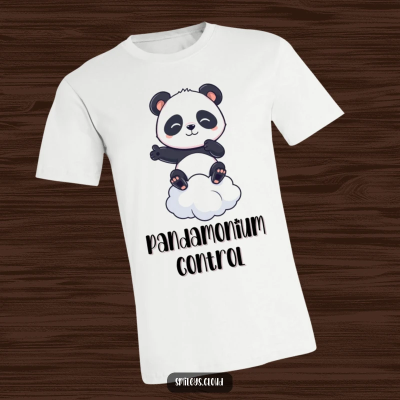 Funny t-shirt featuring a serious panda skillfully balancing on a soft cloud, exuding determination and wit.