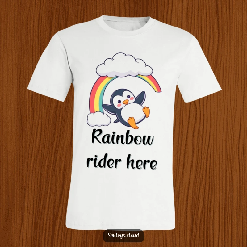 Funny Penguin T-Shirt: A playful penguin slides down a rainbow from a cloud, a fun and humorous design for everyone.