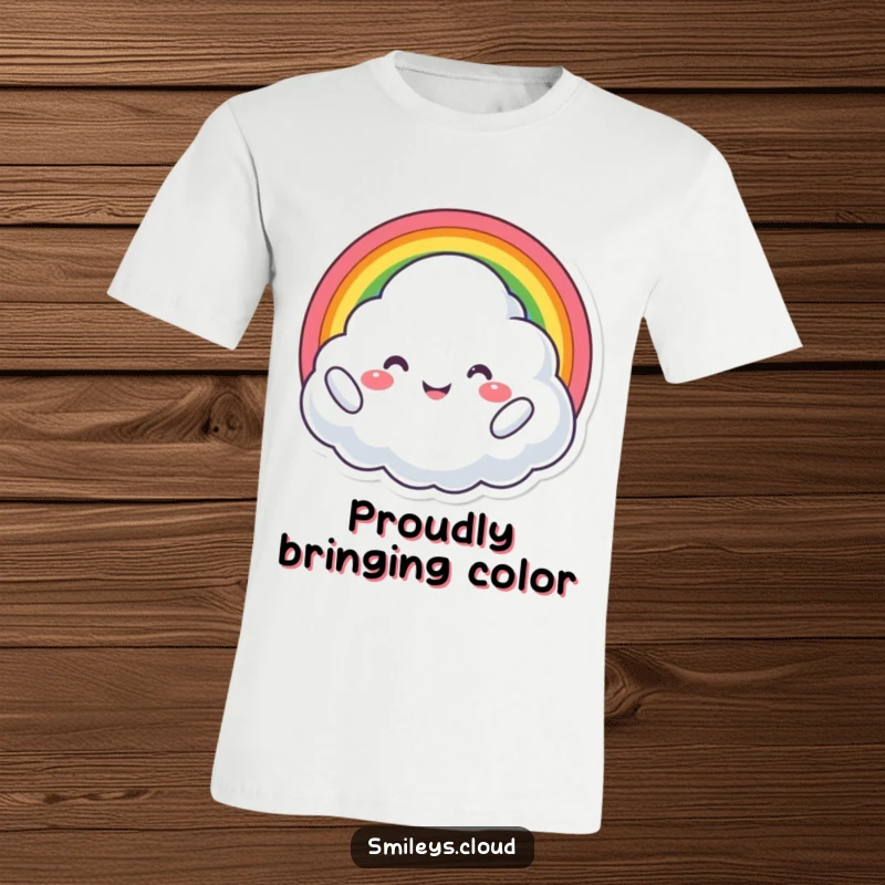 Funny t-shirt design of a proud cloud character beaming with joy while proudly holding a colorful rainbow.
