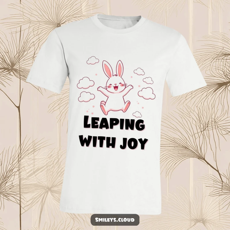 Funny t-shirt showcasing a happy rabbit energetically leaping between scattered clouds, conveying a feeling of extreme joy and freedom.