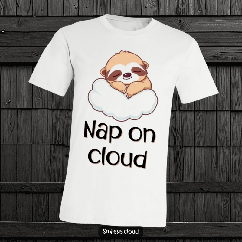 Funny sloth t-shirt depicting a silly sloth fast asleep on a cloud, a humorous design for ultimate comfort and relaxation lovers.