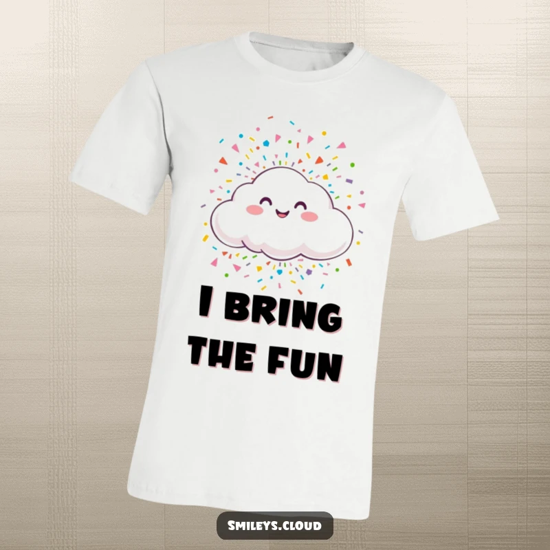 Funny t-shirt featuring a happy cloud releasing a colorful confetti explosion, radiating pure joy and festive energy.