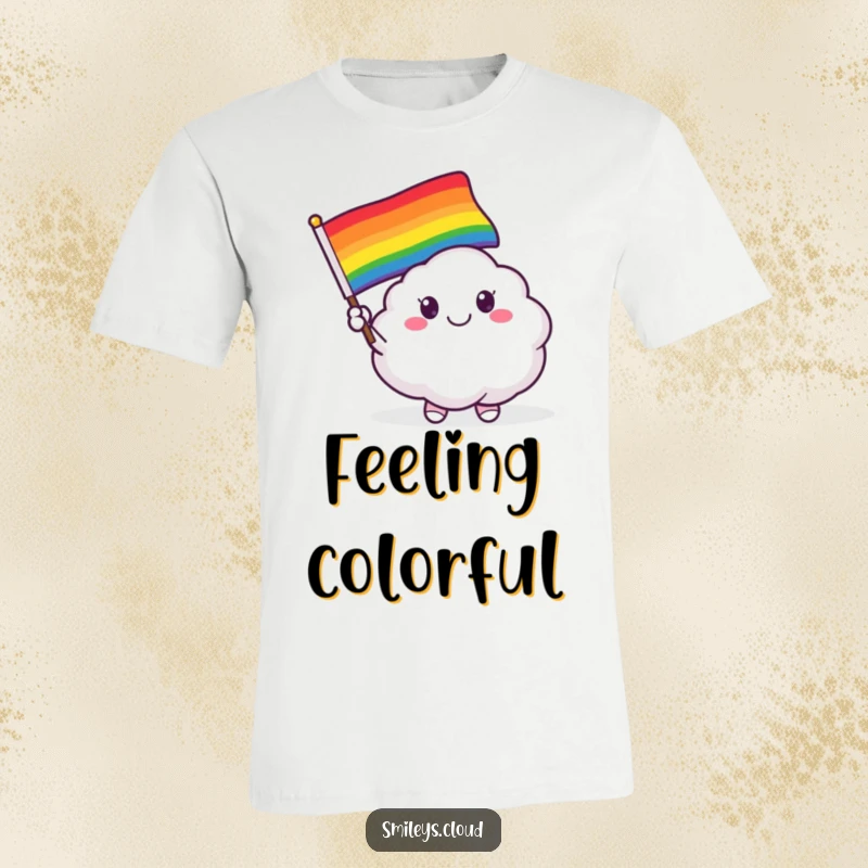 Funny t-shirt graphic of a happy, smiling cloud creature waving a bright, colorful rainbow flag with delight.